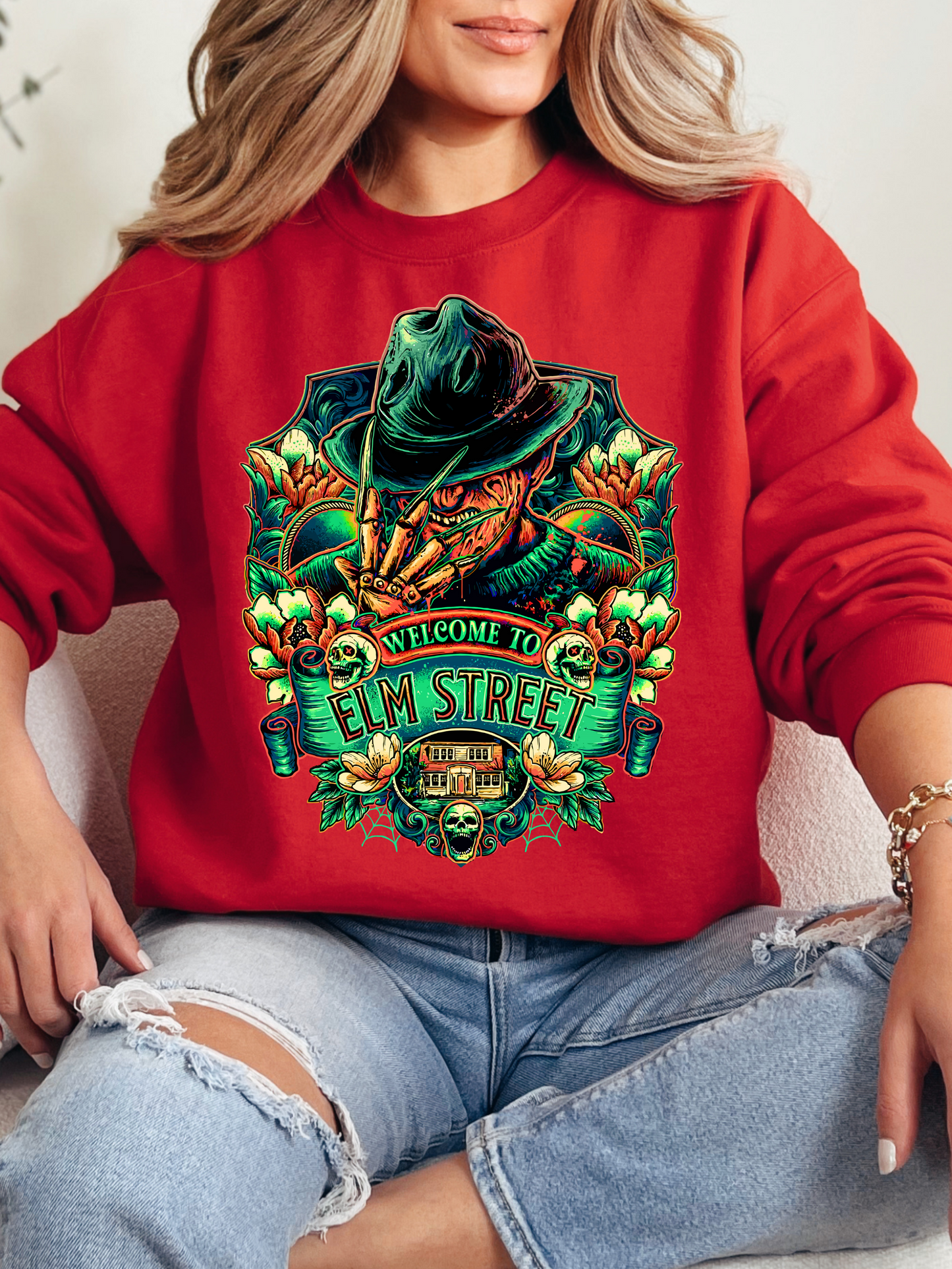 “Welcome to Elm Street” Crewneck, Sweatshirt & Tee – Spooky Season Essentials