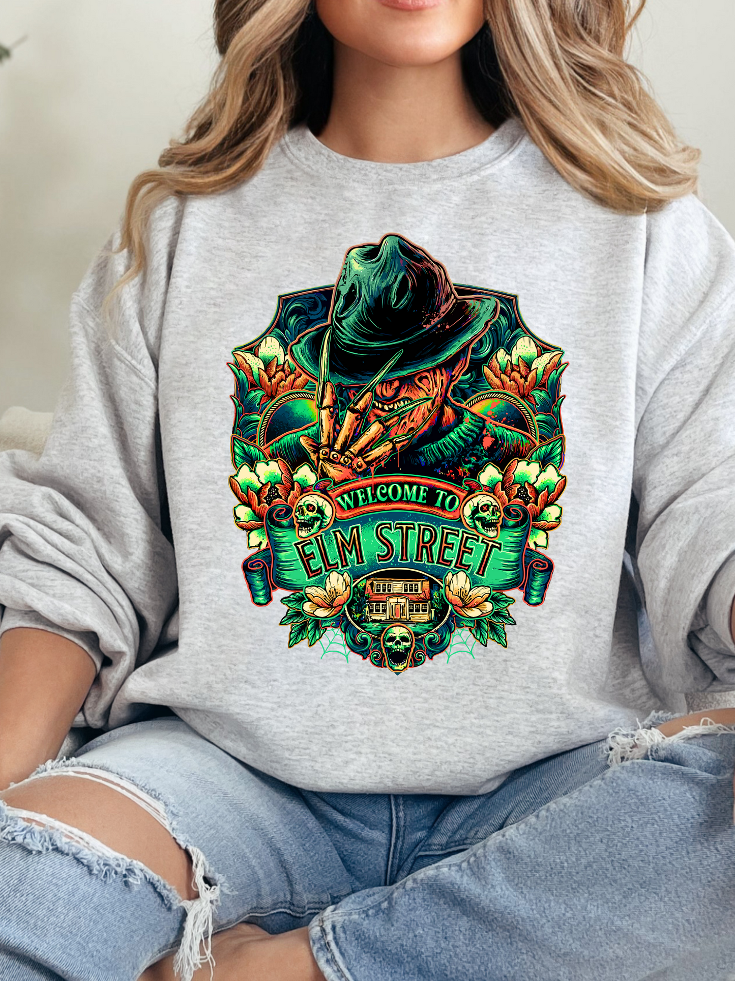 “Welcome to Elm Street” Crewneck, Sweatshirt & Tee – Spooky Season Essentials