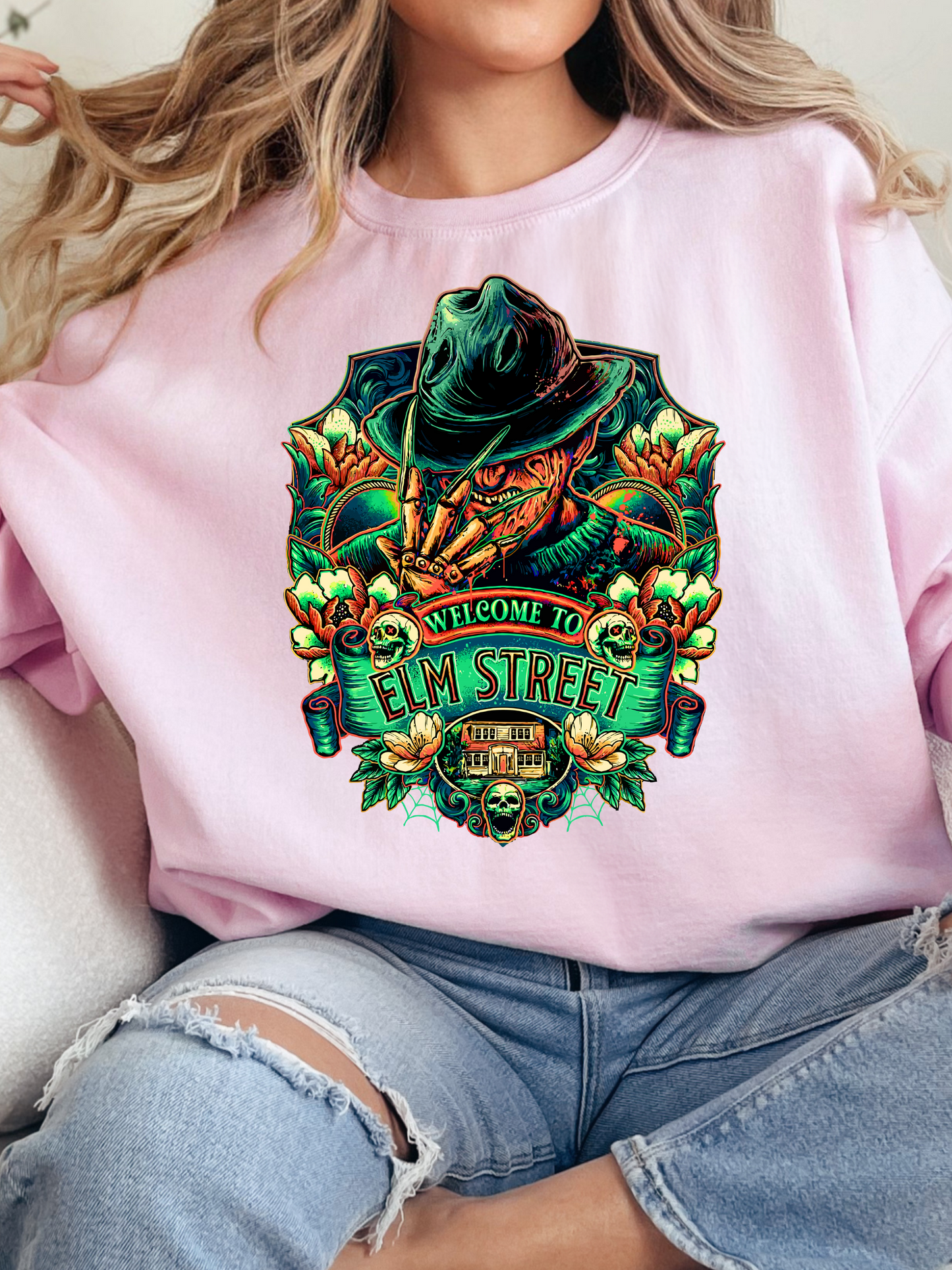 “Welcome to Elm Street” Crewneck, Sweatshirt & Tee – Spooky Season Essentials
