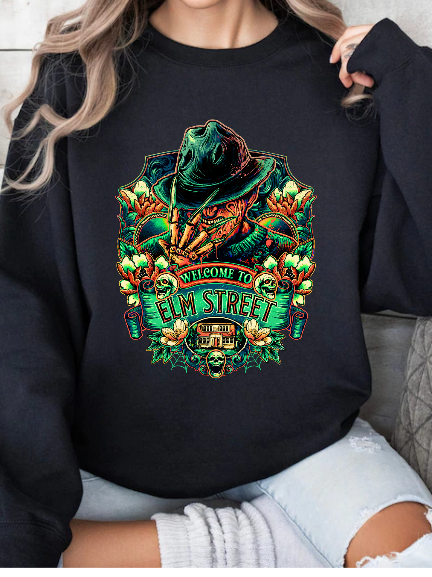 “Welcome to Elm Street” Crewneck, Sweatshirt & Tee – Spooky Season Essentials