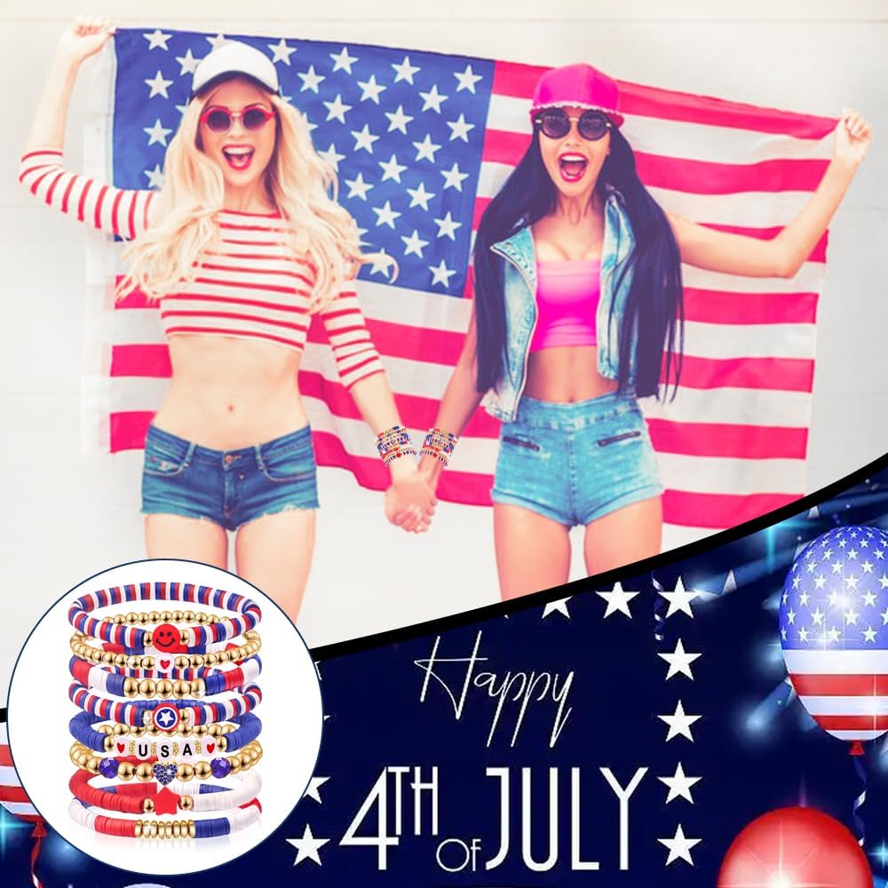 Independence Day Gifts for Women Men Teens Red White Blue Clay Beaded Stackable Stretch Bracelets USA Patriotic Jewelry 4th of July Accessories