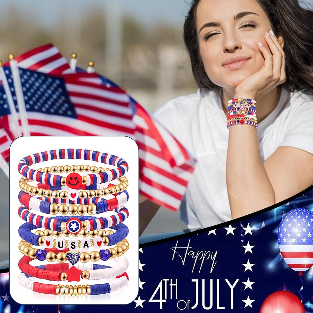 Independence Day Gifts for Women Men Teens Red White Blue Clay Beaded Stackable Stretch Bracelets USA Patriotic Jewelry 4th of July Accessories