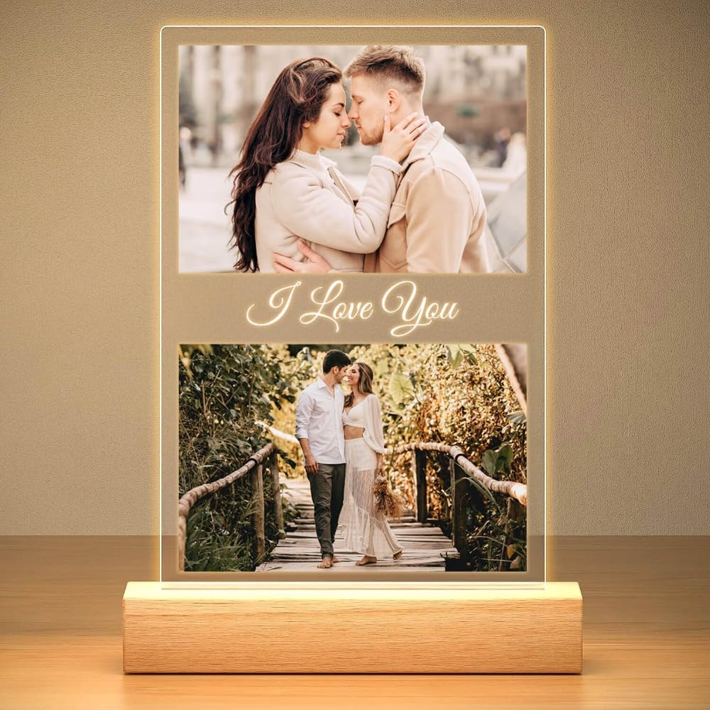 Custom Picture Frames with Photo, Personalized Photo Frame with Night Light, Customized Picture Frame, Personalized Anniversary Birthday Gifts for Women Men Her Him Girlfriend Boyfriend Couple