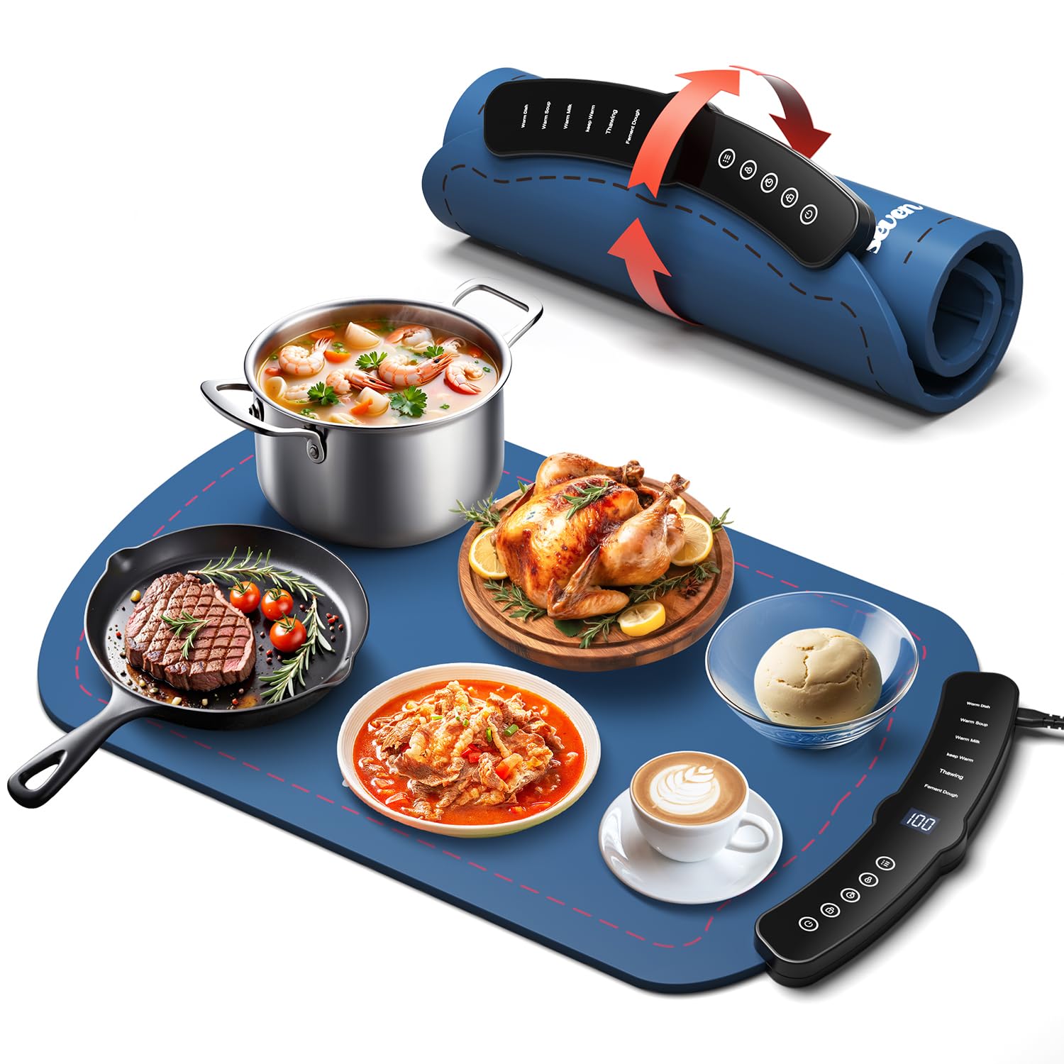 Food Warming Mat, Silicone Heating Tray with 7 Temperature Settings, Quick Full Surface Heating Pad, Thermochromic Line, Kids Lock, Food Warmers for Parties