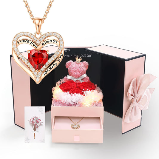 Preserved Red Rose Gift Box with Heart Necklace Eternal Real Rose Dainty Love Pendant Romantic Gift for Women on Anniversary, Birthday, Valentine’s Day