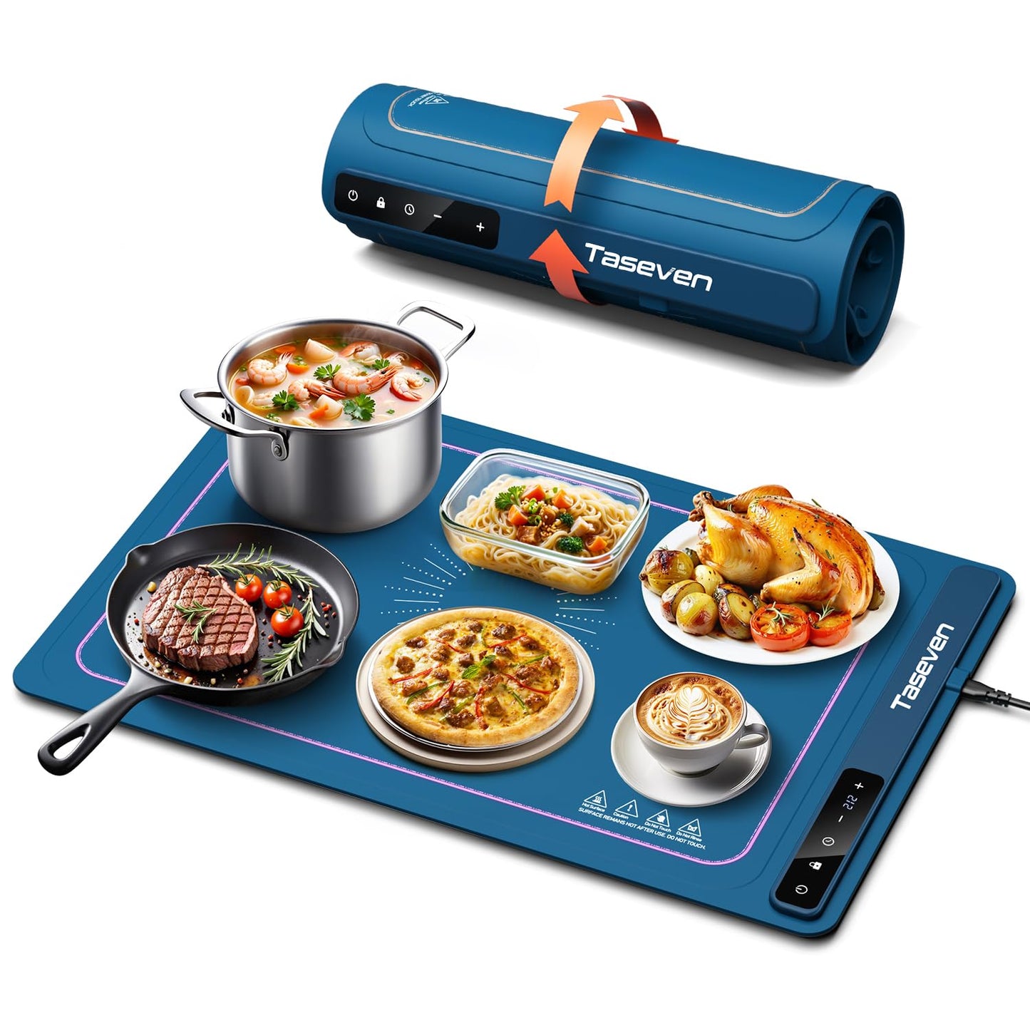 Food Warming Mat, Silicone Heating Tray with 7 Temperature Settings, Quick Full Surface Heating Pad, Thermochromic Line, Kids Lock, Food Warmers for Parties