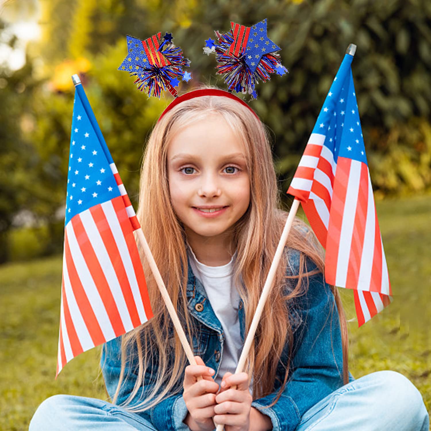 4th of July Headband Independence Day Hair Accessories Patriotic Party Hair Supplies USA Flag Star Design Blue Red Ribbon Stars Hair Decoration Cute Hair Hoop for Women Girls Kids 1 Pcs