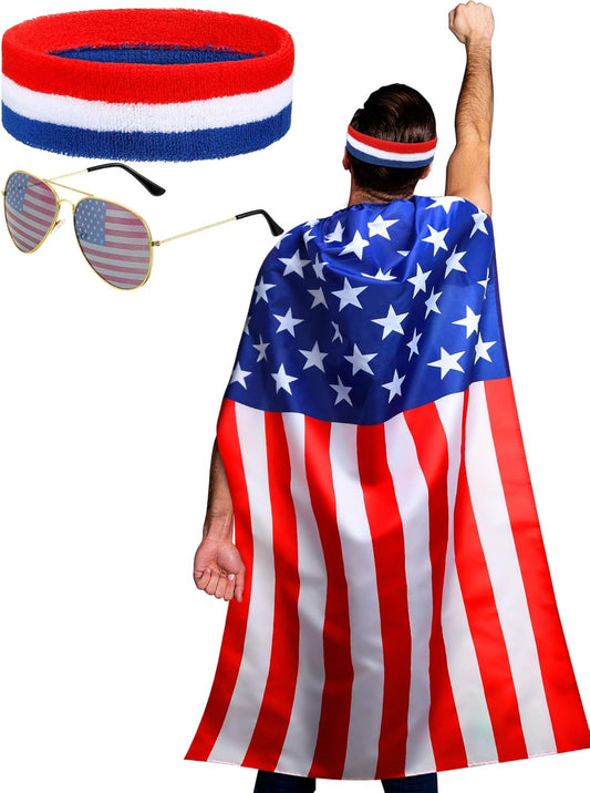 Frienda American Flag Costume Cape, Retro 80's American USA Sunglasses and USA Flag Headband for Independence Day Celebration