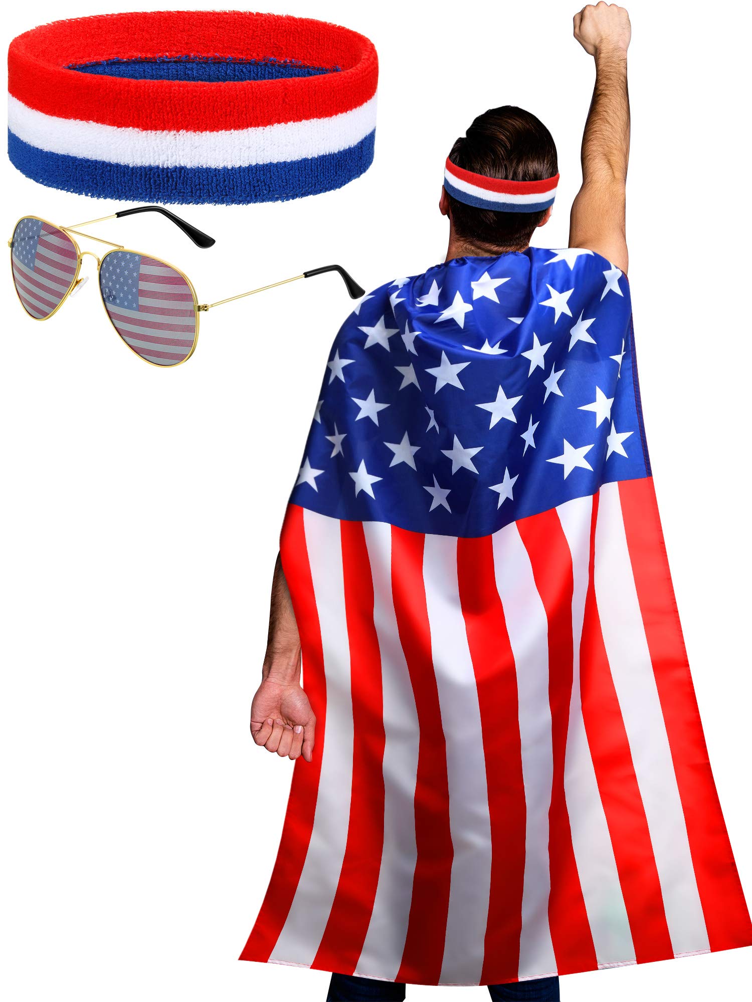 Frienda American Flag Costume Cape, Retro 80's American USA Sunglasses and USA Flag Headband for Independence Day Celebration