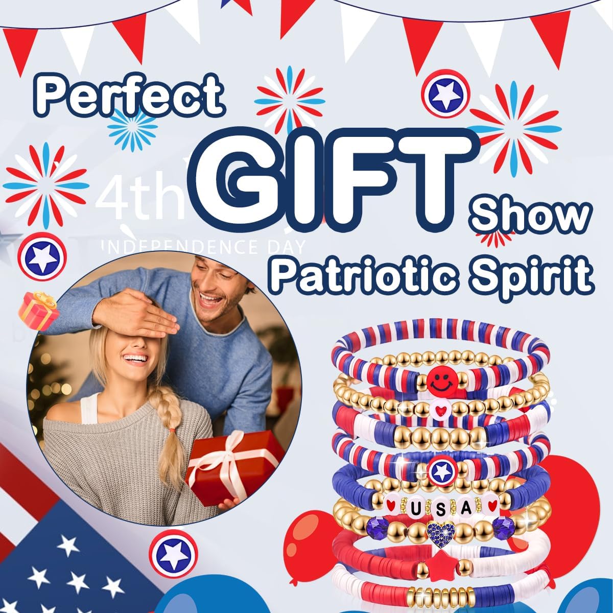 Independence Day Gifts for Women Men Teens Red White Blue Clay Beaded Stackable Stretch Bracelets USA Patriotic Jewelry 4th of July Accessories