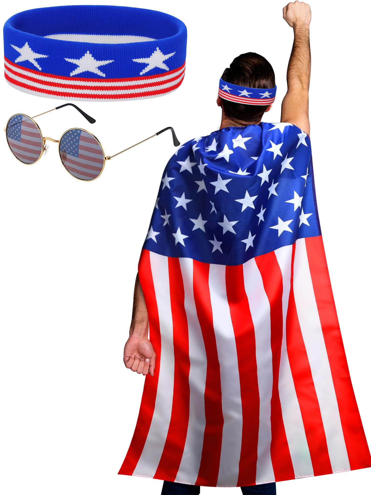 Frienda American Flag Costume Cape, Retro 80's American USA Sunglasses and USA Flag Headband for Independence Day Celebration