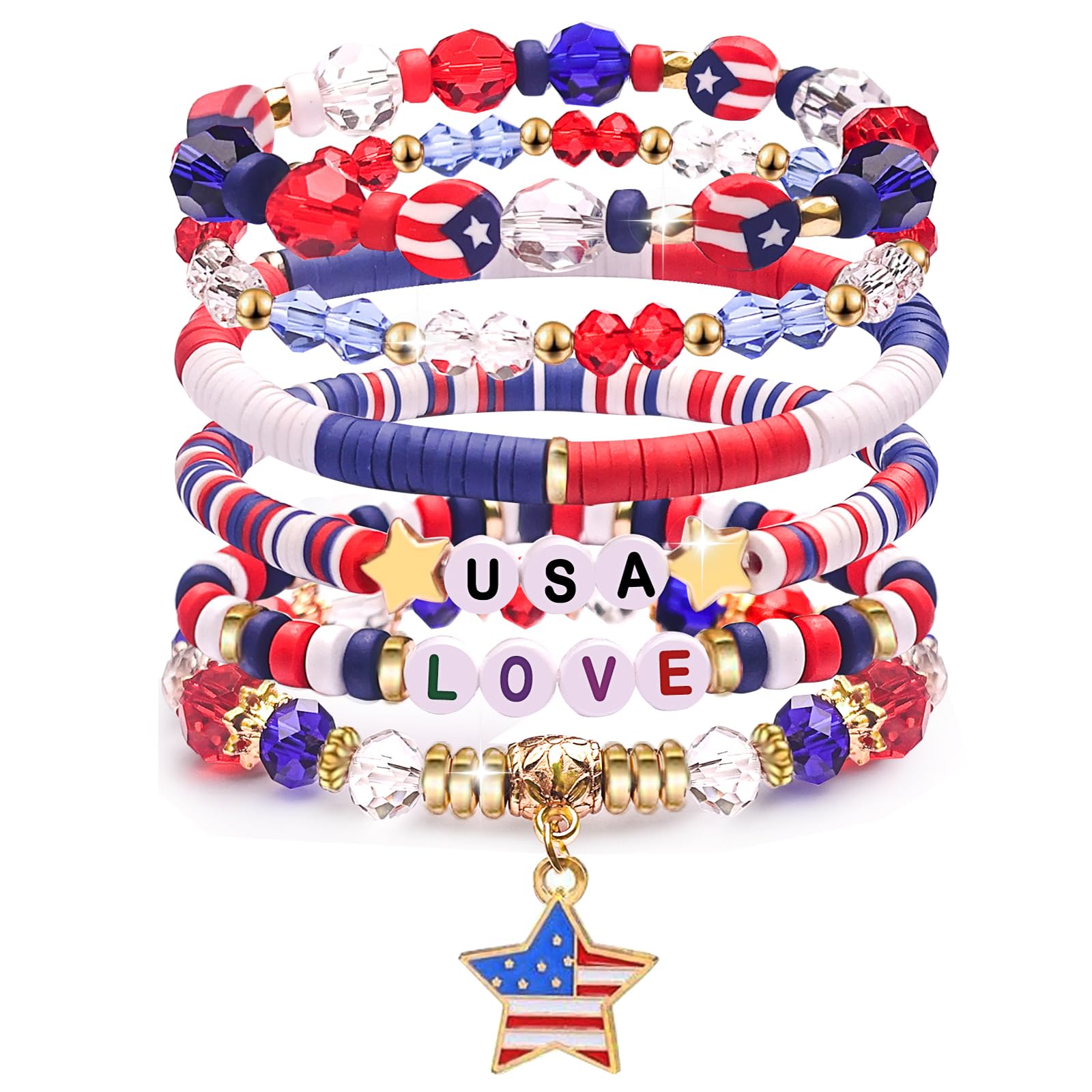 Independence Day Gifts for Women Men Teens Red White Blue Clay Beaded Stackable Stretch Bracelets USA Patriotic Jewelry 4th of July Accessories
