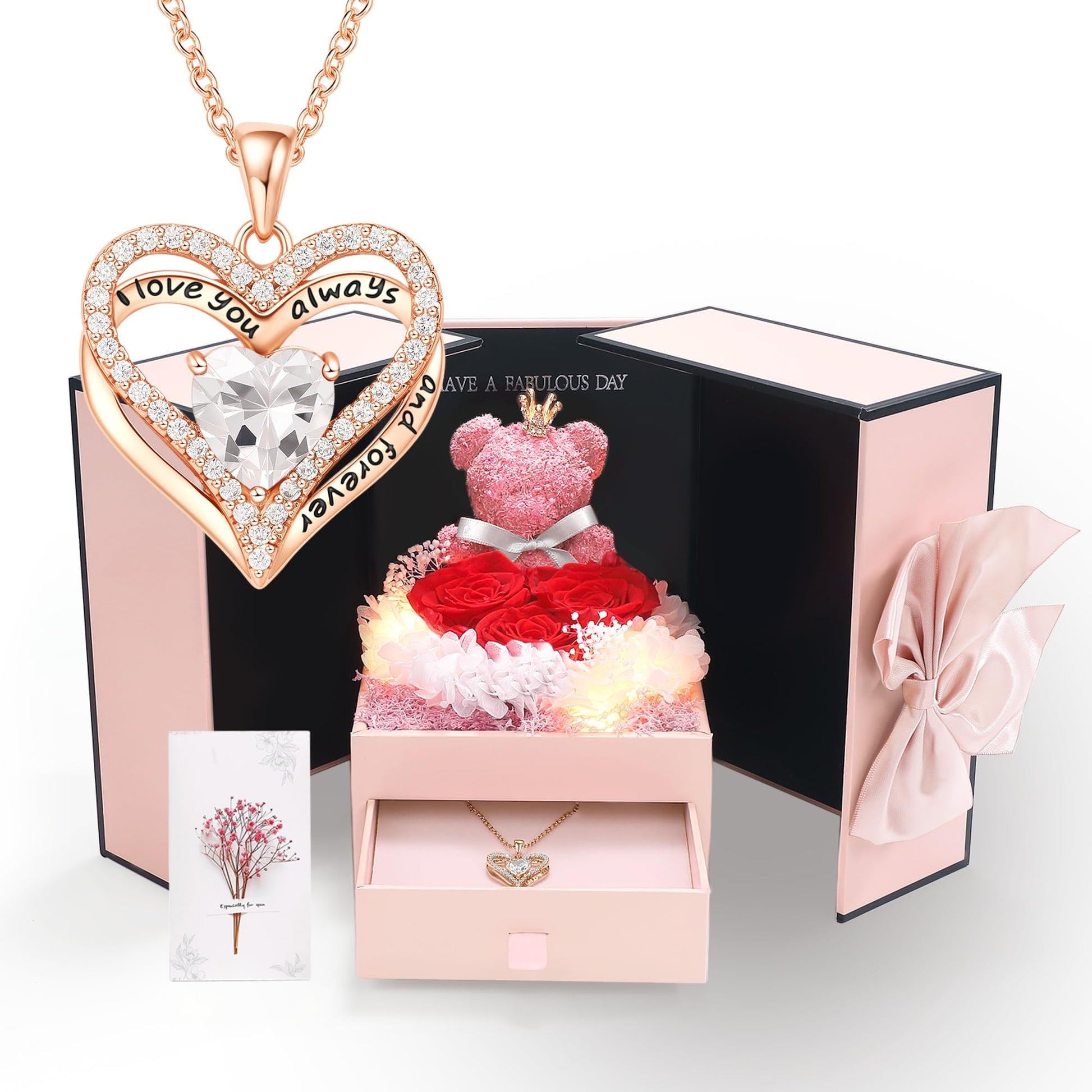 Preserved Red Rose Gift Box with Heart Necklace Eternal Real Rose Dainty Love Pendant Romantic Gift for Women on Anniversary, Birthday, Valentine’s Day