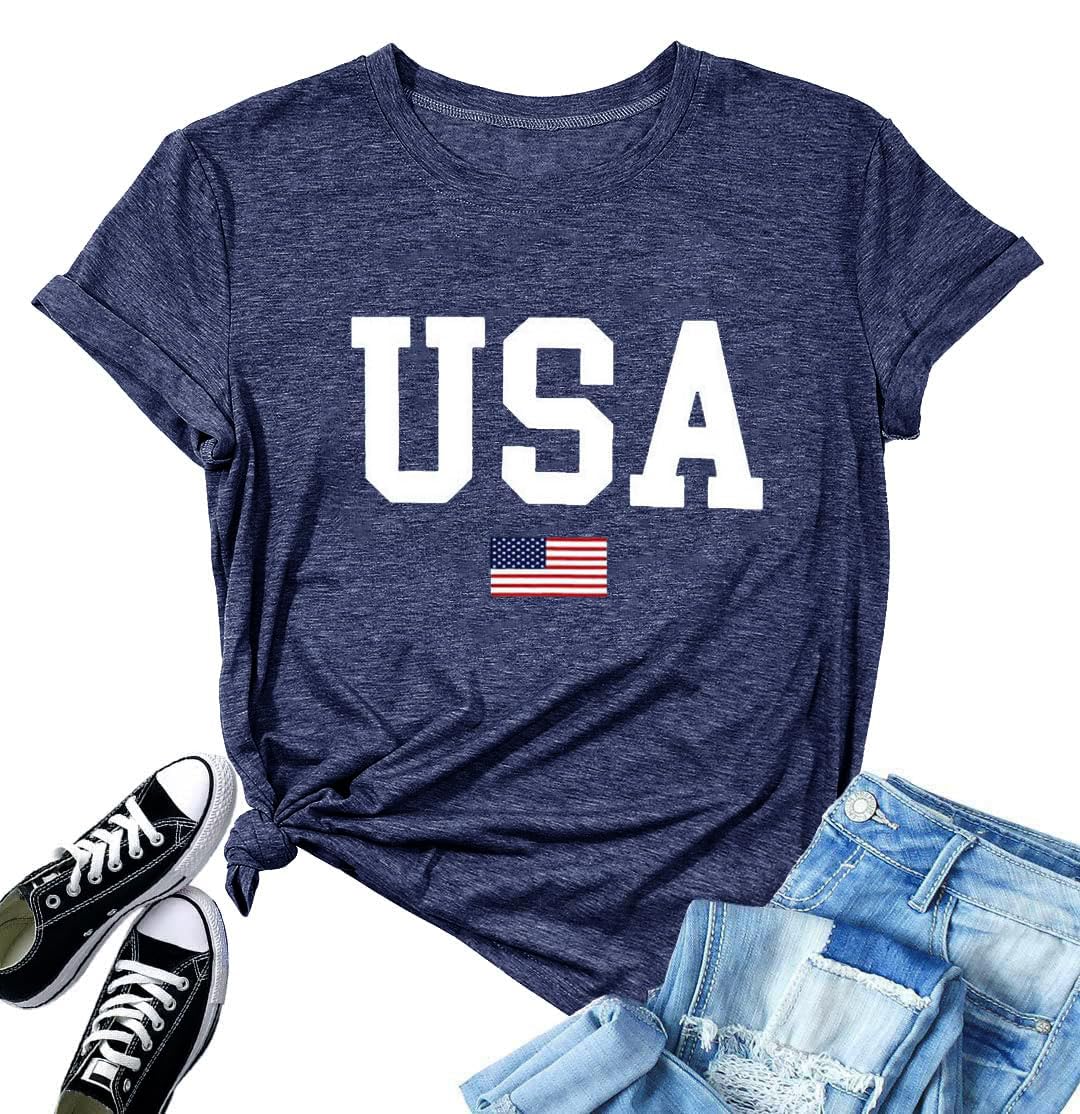 USA Flag Tee Shirt for Women 4th of July Memorial Day Gift T Shirt Casual Short Sleeve American Proud T-Shirt Tops