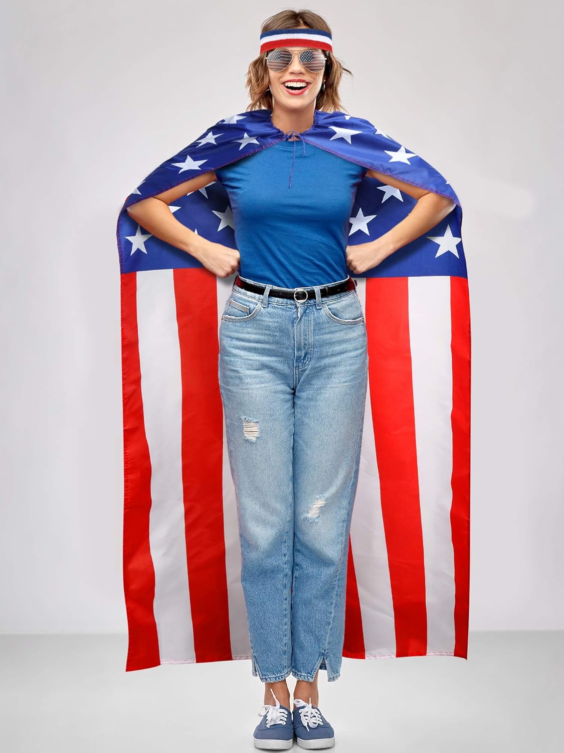 Frienda American Flag Costume Cape, Retro 80's American USA Sunglasses and USA Flag Headband for Independence Day Celebration