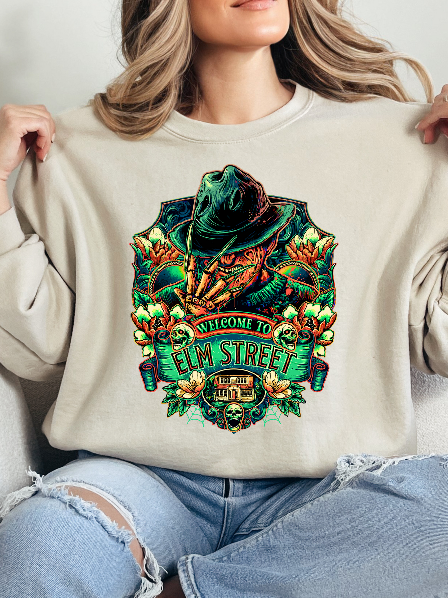 “Welcome to Elm Street” Crewneck, Sweatshirt & Tee – Spooky Season Essentials