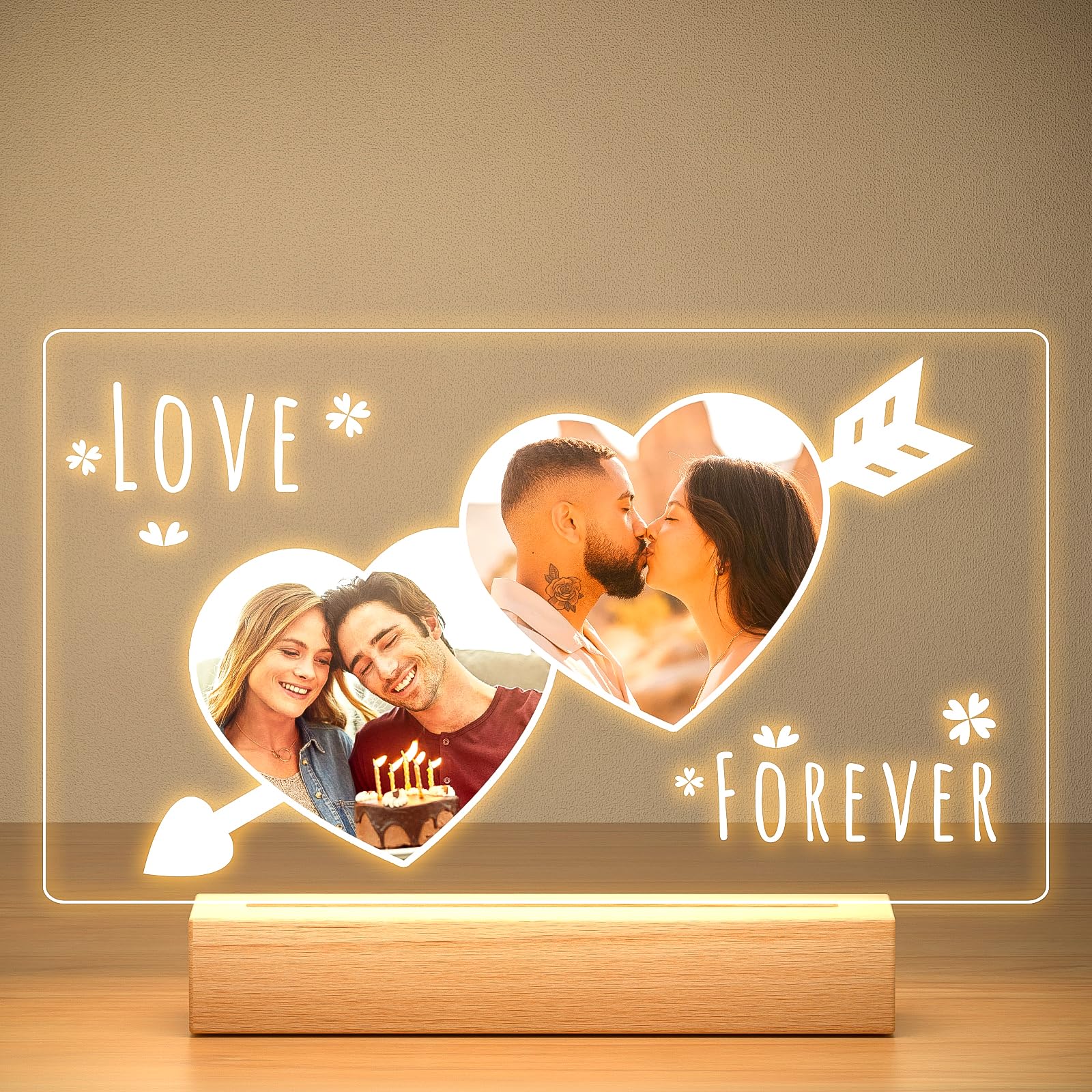 Custom Picture Frames with Photo, Personalized Photo Frame with Night Light, Customized Picture Frame, Personalized Anniversary Birthday Gifts for Women Men Her Him Girlfriend Boyfriend Couple