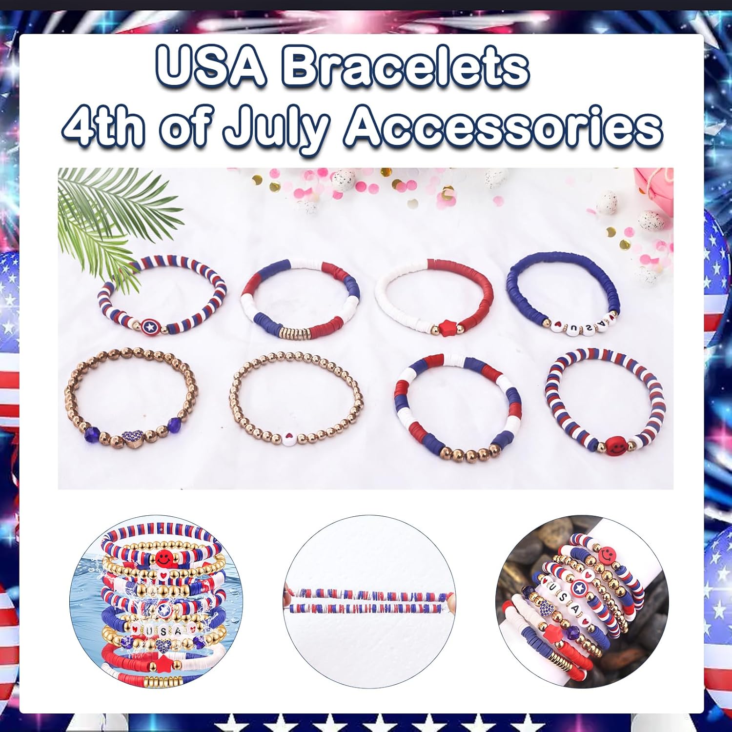 Independence Day Gifts for Women Men Teens Red White Blue Clay Beaded Stackable Stretch Bracelets USA Patriotic Jewelry 4th of July Accessories