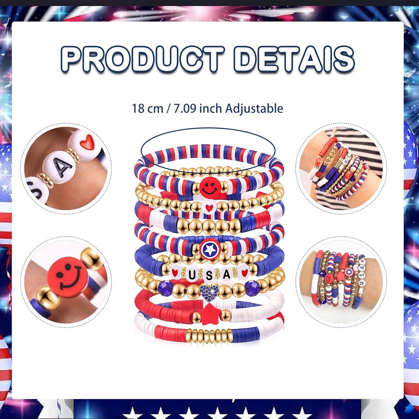 Independence Day Gifts for Women Men Teens Red White Blue Clay Beaded Stackable Stretch Bracelets USA Patriotic Jewelry 4th of July Accessories