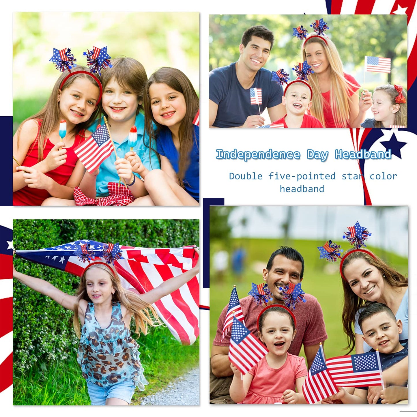 4th of July Headband Independence Day Hair Accessories Patriotic Party Hair Supplies USA Flag Star Design Blue Red Ribbon Stars Hair Decoration Cute Hair Hoop for Women Girls Kids 1 Pcs