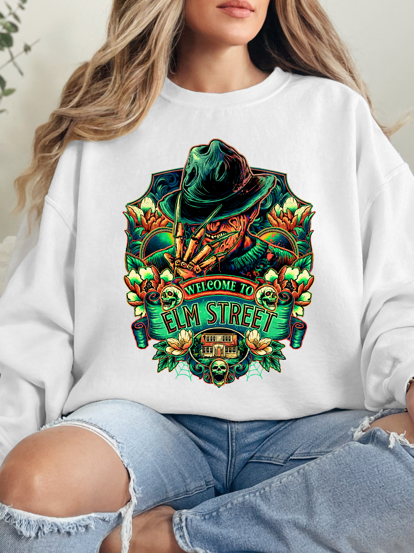 “Welcome to Elm Street” Crewneck, Sweatshirt & Tee – Spooky Season Essentials