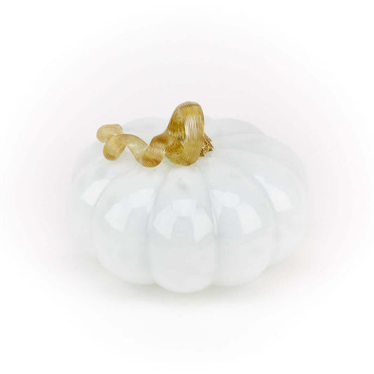 Elegant White Glass Pumpkin with Gold Stem – Autumn Tabletop Décor