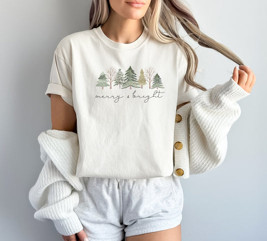 “Merry & Bright” Comfort Colors Tee – Watercolor Christmas Trees Graphic Shirt