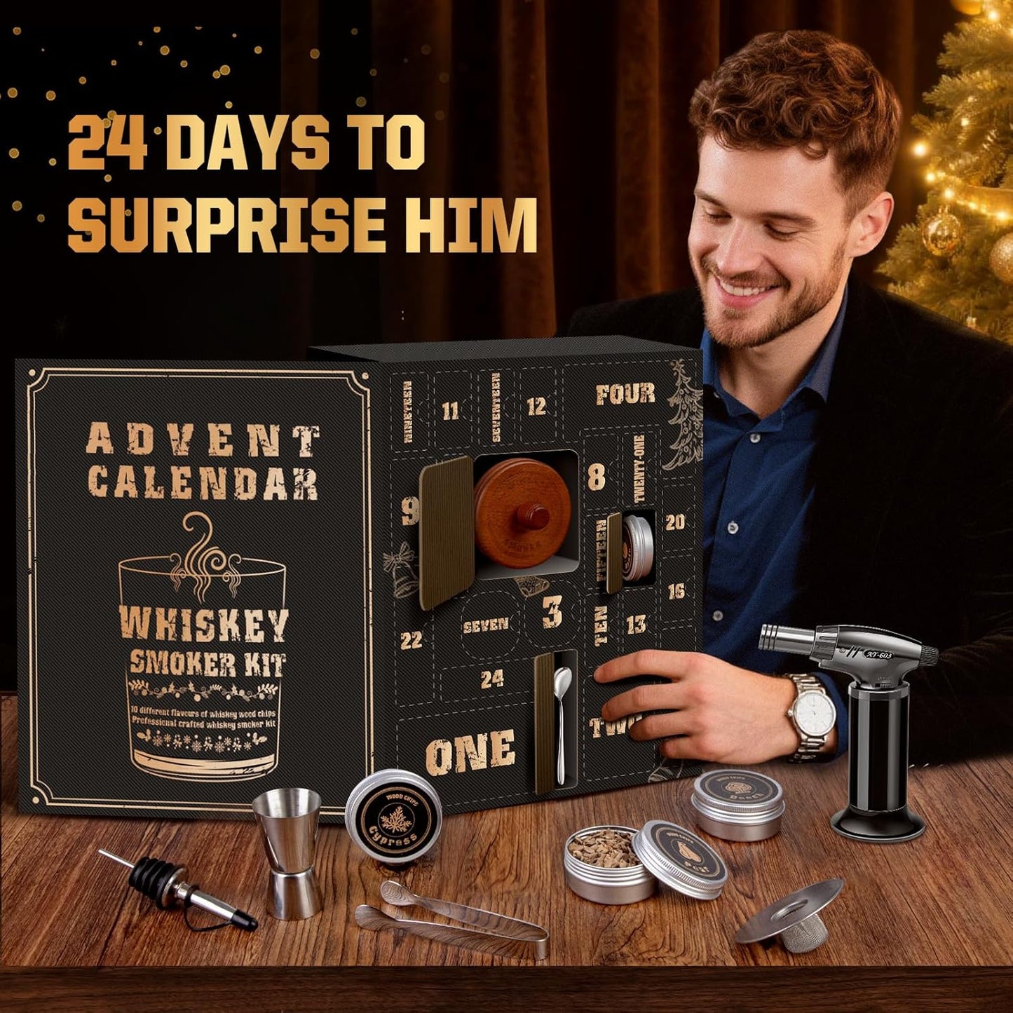 Whiskey Advent Calendar 2025 for Men, 24-Day Bourbon Smoker Infuser Kit for Cocktail and whisky Lovers, Perfect Christmas and Holiday Gift for Husband, Dad, Boyfriend, Him(NO BUTANE)
