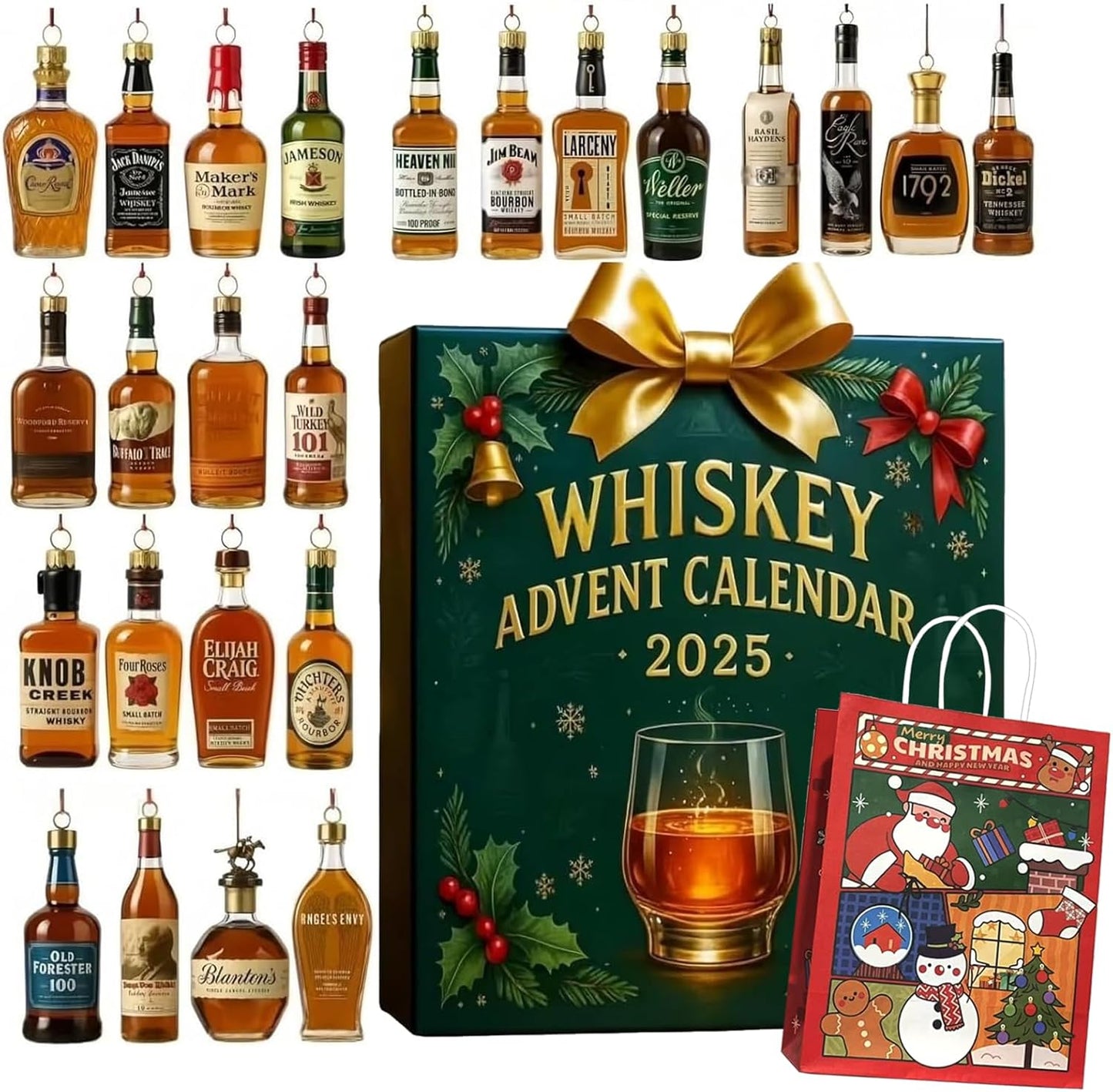 Whiskey Advent Calendar 2025,24 Days Christmas Count-down Calendar with 24 Premium Whiskey Pendants,Perfect Christmas and Holiday Gift for Husband, Dad, Boyfriend, Him(Green)