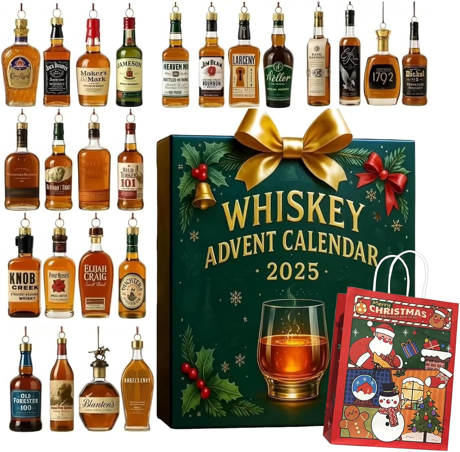 Whiskey Advent Calendar 2025,24 Days Christmas Count-down Calendar with 24 Premium Whiskey Pendants,Perfect Christmas and Holiday Gift for Husband, Dad, Boyfriend, Him(Green)