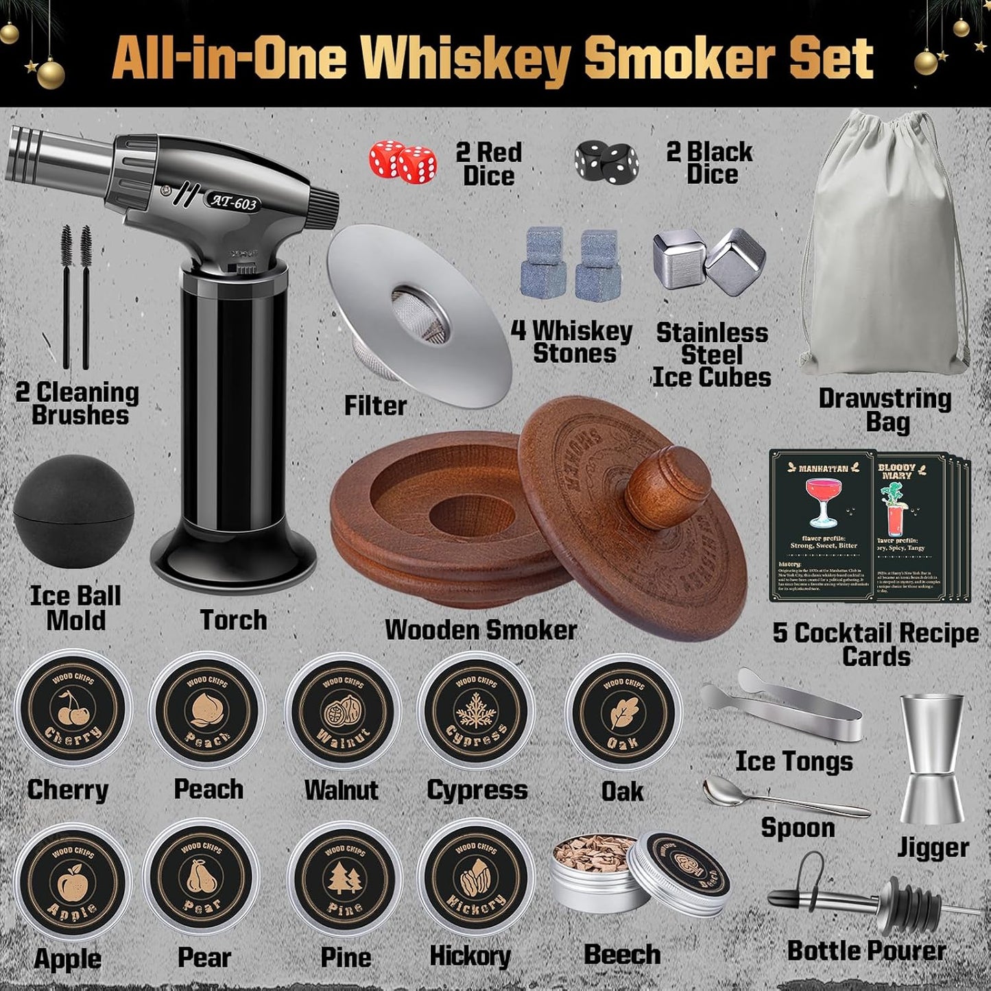 Whiskey Advent Calendar 2025 for Men, 24-Day Bourbon Smoker Infuser Kit for Cocktail and whisky Lovers, Perfect Christmas and Holiday Gift for Husband, Dad, Boyfriend, Him(NO BUTANE)