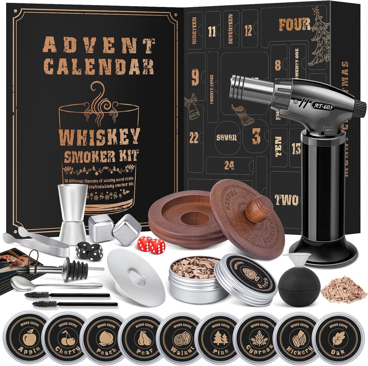 Whiskey Advent Calendar 2025 for Men, 24-Day Bourbon Smoker Infuser Kit for Cocktail and whisky Lovers, Perfect Christmas and Holiday Gift for Husband, Dad, Boyfriend, Him(NO BUTANE)