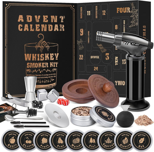 Whiskey Advent Calendar 2025 for Men, 24-Day Bourbon Smoker Infuser Kit for Cocktail and whisky Lovers, Perfect Christmas and Holiday Gift for Husband, Dad, Boyfriend, Him(NO BUTANE)